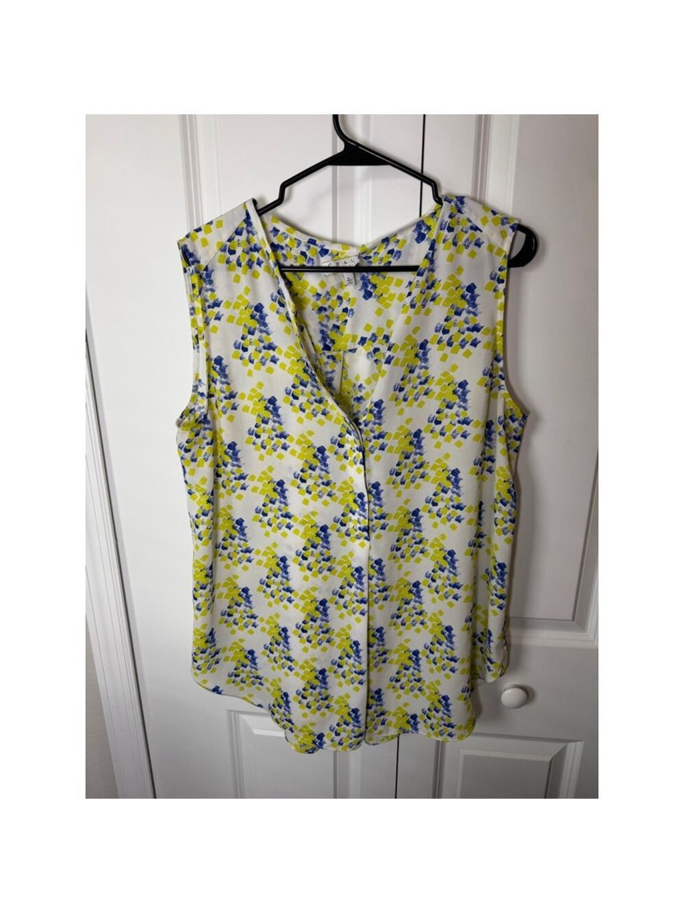 CHAUS new york White Yellow Blue Blouse L EUC